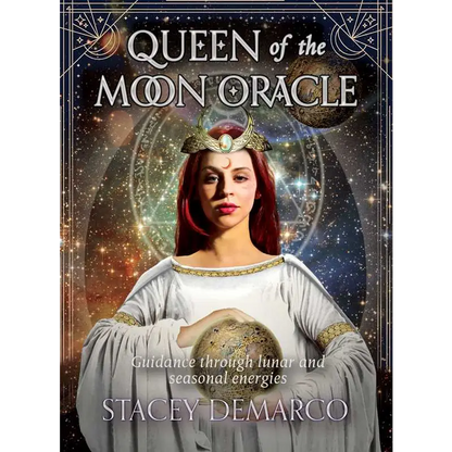 Queen of the Moon Oracle deck by Stacey Demarco, featuring beautifully illustrated cards and a 112-page guidebook, displayed on a white background.