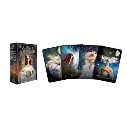 Queen of the Moon Oracle deck by Stacey Demarco, featuring beautifully illustrated cards and a 112-page guidebook, displayed on a white background.
