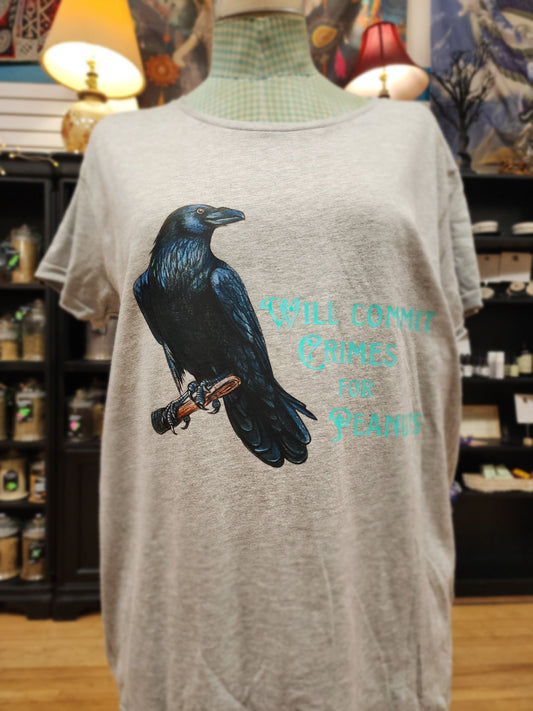 Raven “Will Commit Crimes for Peanuts” T-Shirt – Mischief Magic a Little Bit Nutty 🖤🐦🥜 - Grey / Xlarge - Teal Graphic