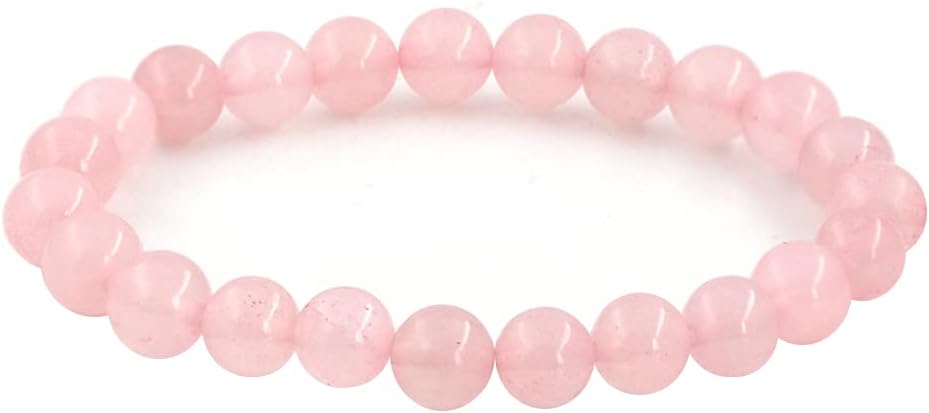 Polished rose quartz bracelet with 8mm soft pink beads, displayed on a white background. Perfect for love, compassion, and heart healing.