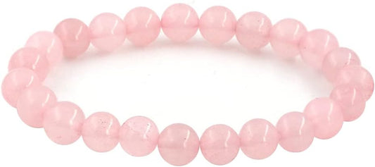 Polished rose quartz bracelet with 8mm soft pink beads, displayed on a white background. Perfect for love, compassion, and heart healing.