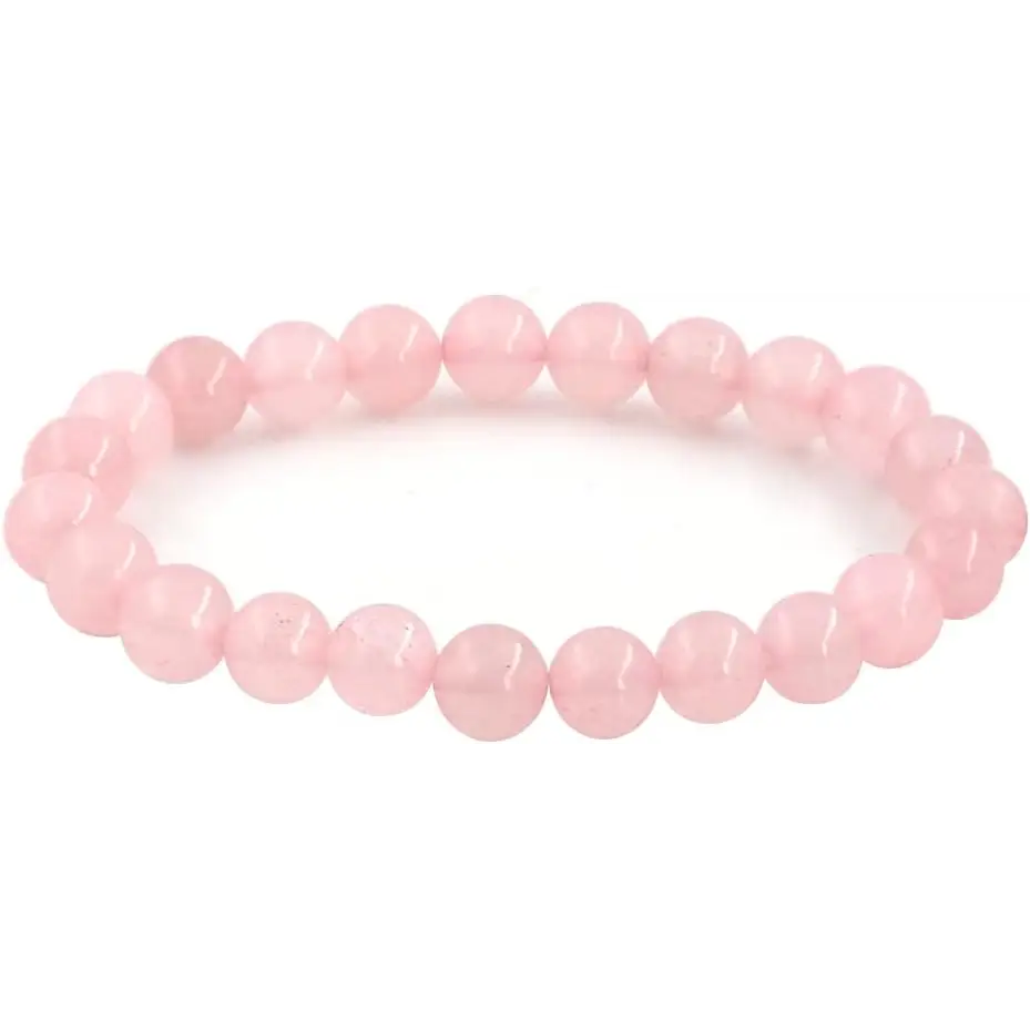 Polished rose quartz bracelet with 8mm soft pink beads, displayed on a white background. Perfect for love, compassion, and heart healing.