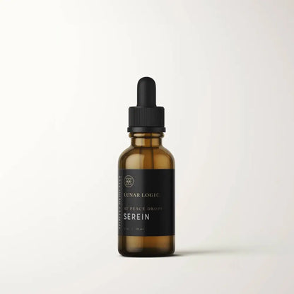 1oz glass bottle of SEREIN / At Peace Drops with glass pipette, displayed on a white background. Perfect for evening serenity, nervous system support, and restorative calm.