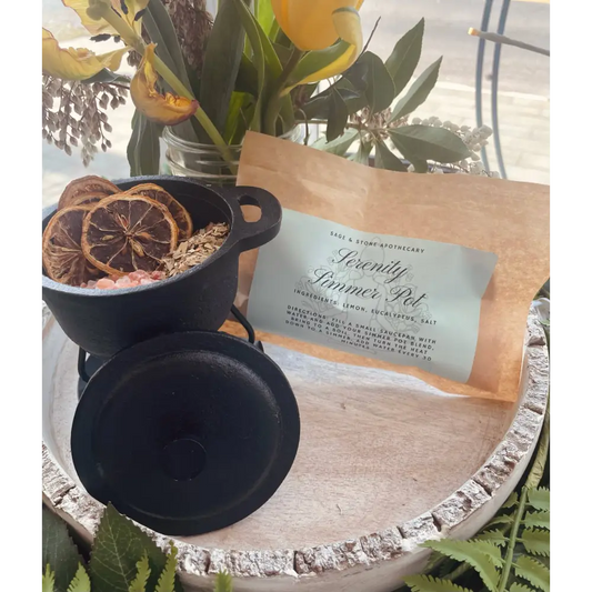 Serenity Simmer Pot Blend with dried lemon slices, eucalyptus leaves, and pink Himalayan salt, arranged on a white background. Perfect for creating a fresh and calming home aroma.