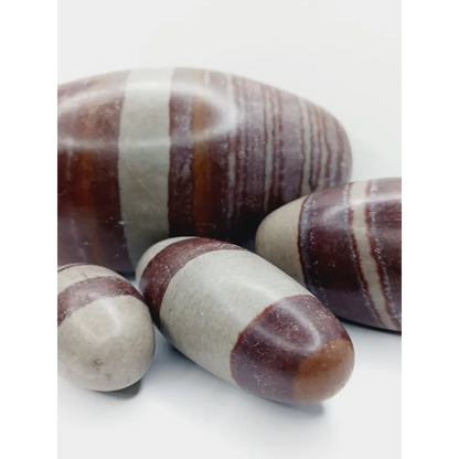 Shiva Lingam stones, polished with natural earthy patterns, available in sizes 1" to 8", displayed on a white background.