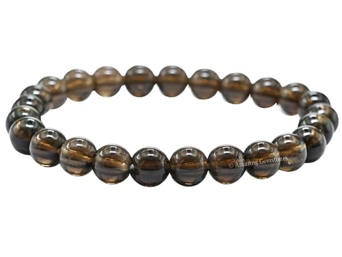 Polished smokey quartz bracelet with 8mm earthy brown beads, displayed on a white background. Perfect for grounding, protection, and calm.