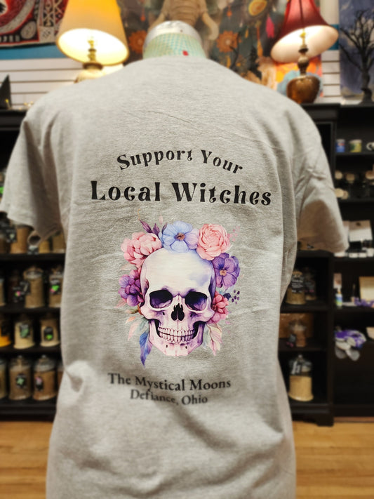 Support Your Local Witches T-Shirt – Pretty Purple Florals Skull Edition 🪄💜💀 - Grey / 2Xlarge - Clothing & Apparel
