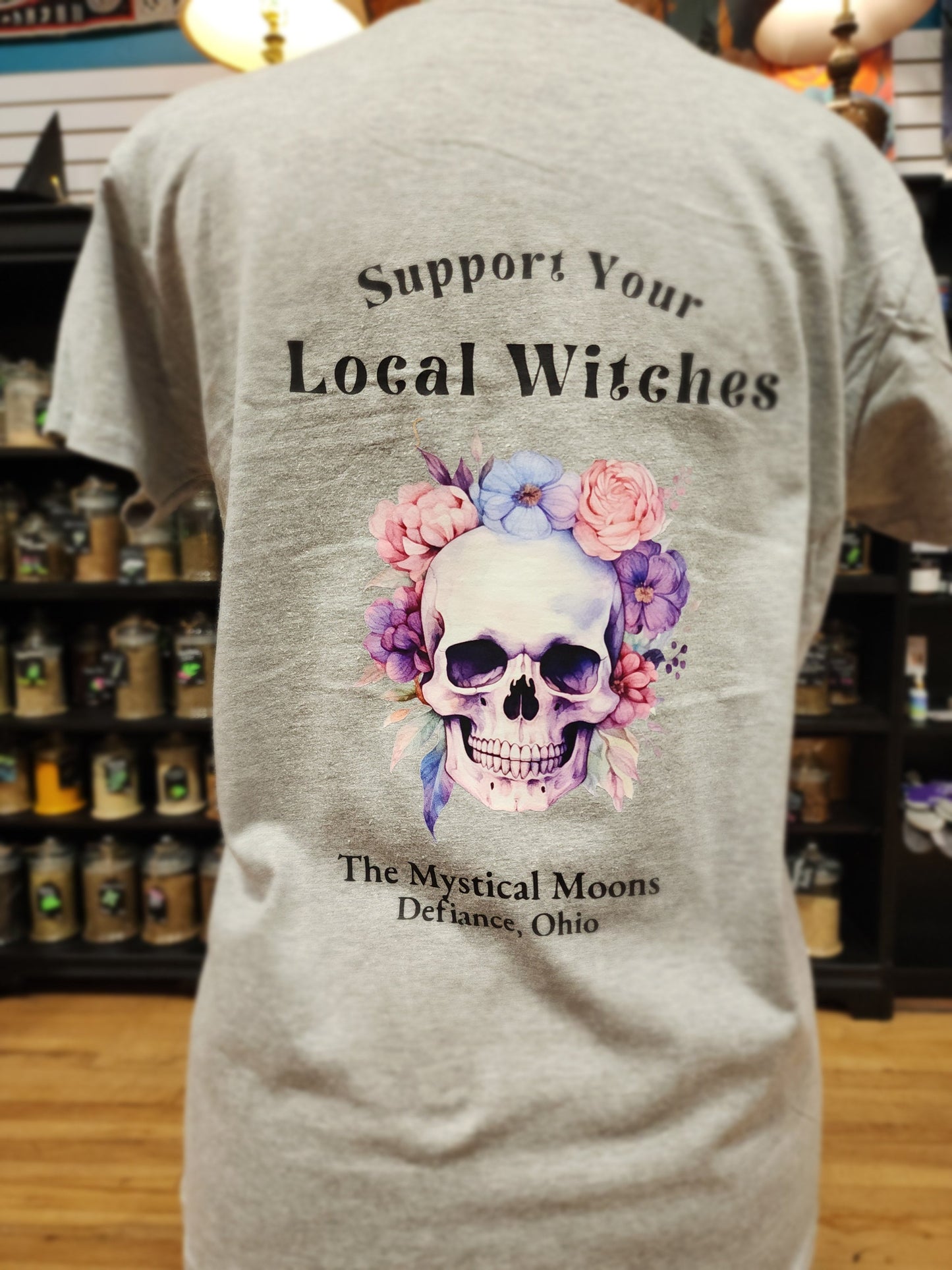 Support Your Local Witches T-Shirt – Pretty Purple Florals Skull Edition 🪄💜💀 - Grey / Large - Black - Clothing & Apparel