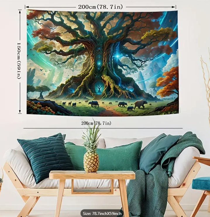 Large 79" x 59" tapestry featuring a tranquil landscape of mountains and trees, displayed on a white background. Perfect for nature magic, earthy decor, and peaceful vibes.