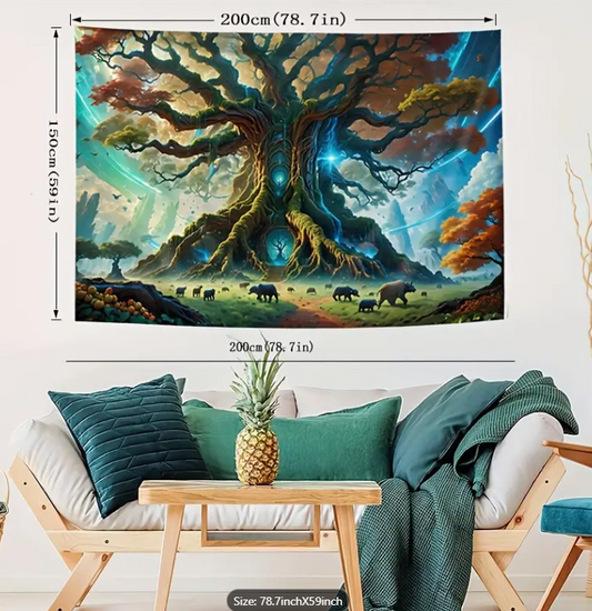 Large 79" x 59" tapestry featuring a tranquil landscape of mountains and trees, displayed on a white background. Perfect for nature magic, earthy decor, and peaceful vibes.