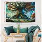 Large 79" x 59" tapestry featuring a tranquil landscape of mountains and trees, displayed on a white background. Perfect for nature magic, earthy decor, and peaceful vibes.