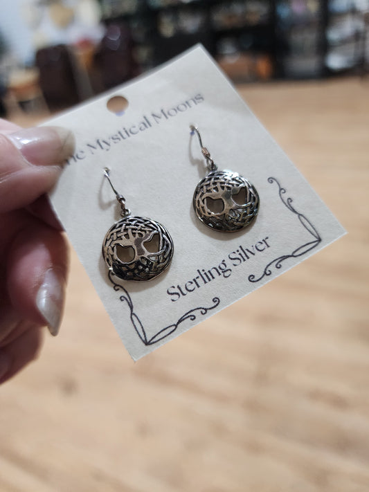 Sterling silver earrings featuring the Tree of Life intertwined with a Celtic knot, displayed on a white background. Perfect for wisdom, connection, and timeless Celtic style.