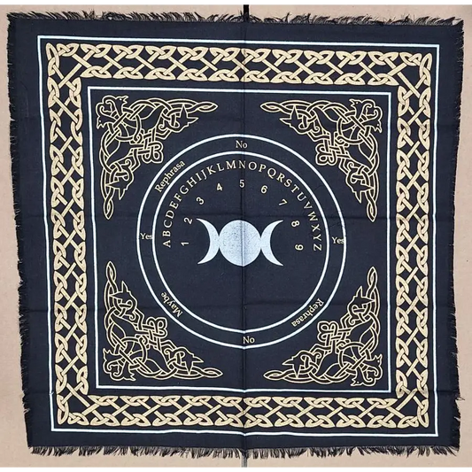 Triple Moon Altar Cloth/ Ouija Board Silver & gold Print on Black 24x24’’ - Altar Supplies