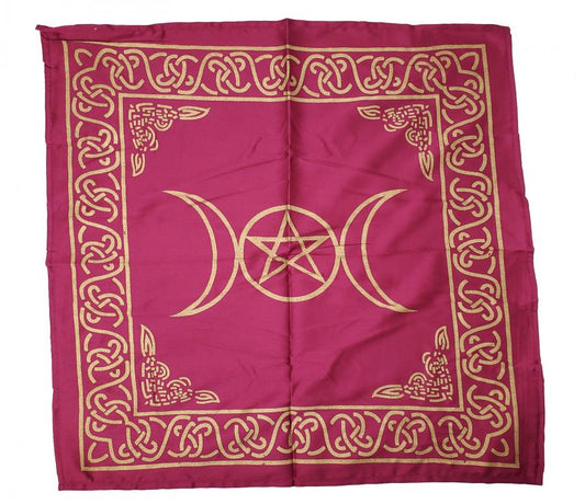 Triple Moon with Pentagram Altar Cloth Golden print on Magenta Pink 21x21’’ - Tapestry