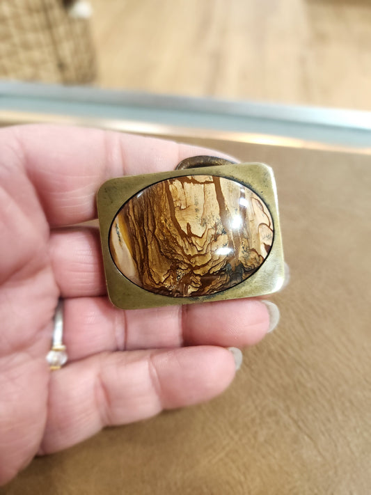 ✨🔮 Vintage Belt Buckle with Natural Crystals – Retro Style Meets Mystical Energy! 🌟 - BTS Brass with Picture Jasper