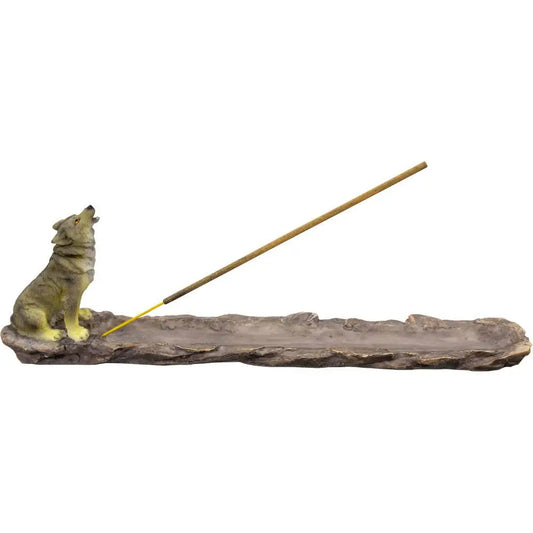 Polyresin stick incense holder featuring a detailed wolf design, displayed on a white background.
